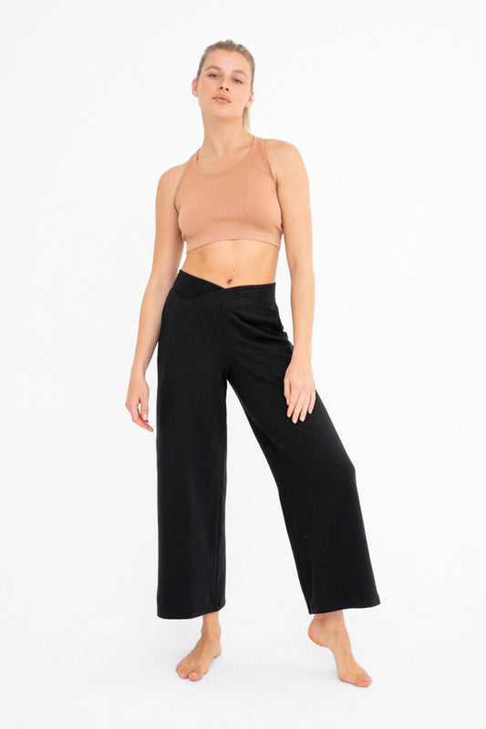 Ribbed Crossover Wide Leg Pants