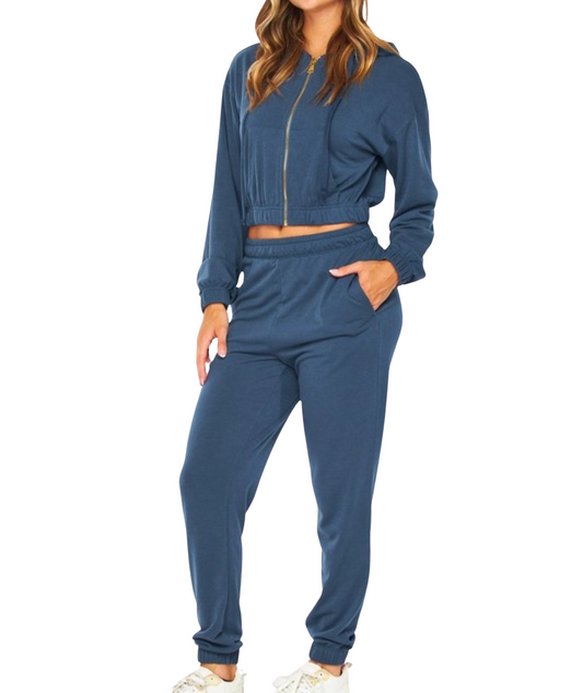 Dusty Navy French Terry Cropped Zip-Up Hoodie Jogger Set