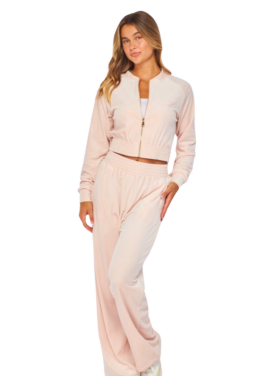 Dusty Pink Velour Bomber Jacket and Wide Leg Pants Set