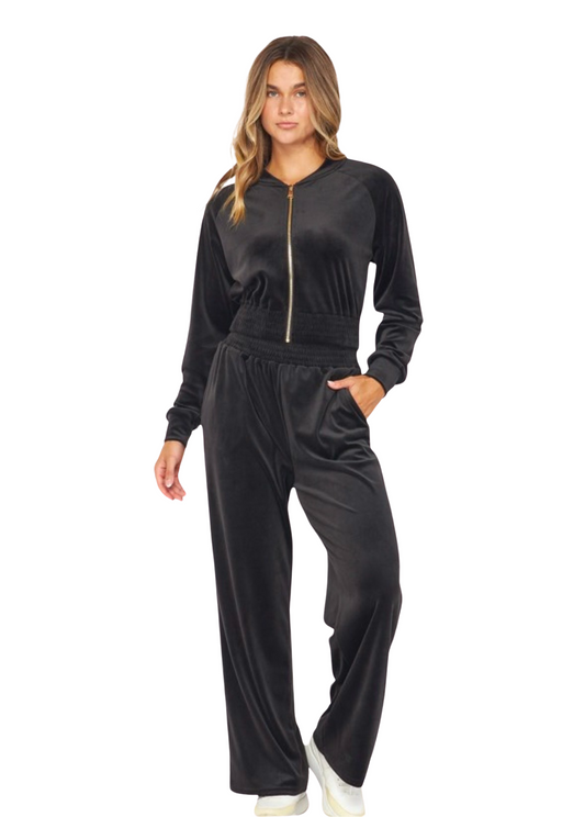 Black Velour Bomber Jacket and Wide Leg Pants Set