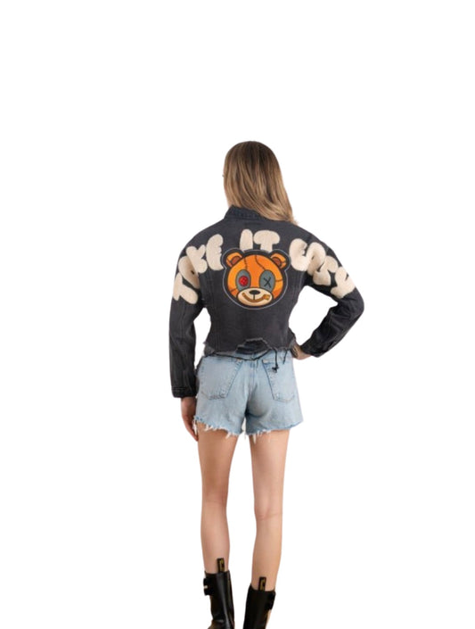 Take It Easy Teddy Cropped Black Denim Jacket