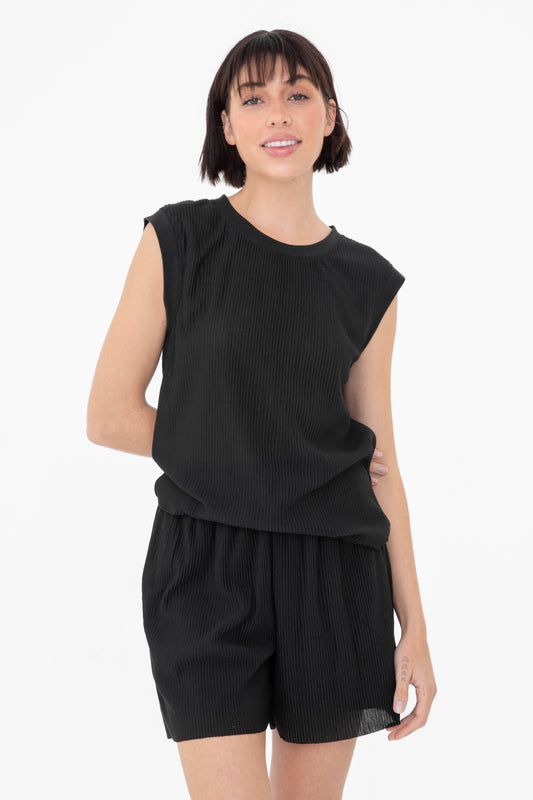 Black Micro Pleated Top