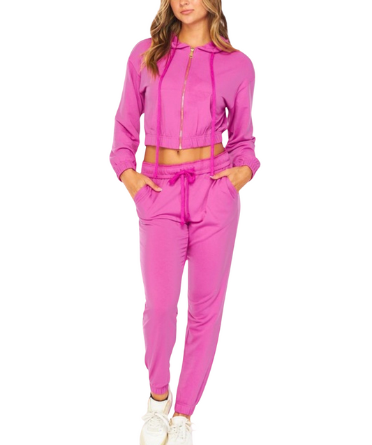 Magenta French Terry Cropped Zip-Up Hoodie Jogger Set