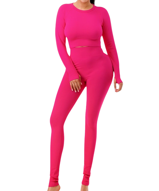 Fuchsia Textured Long Sleeve Crop Top Set