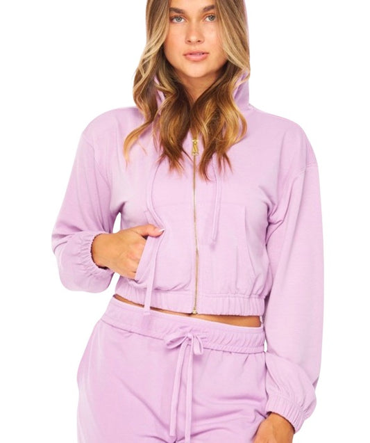 Lilac  French Terry Cropped Zip-Up Hoodie Jogger Set