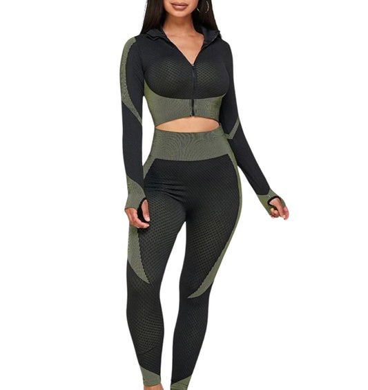 Two Piece Set - Black/Olive Jacket & Leggings Set