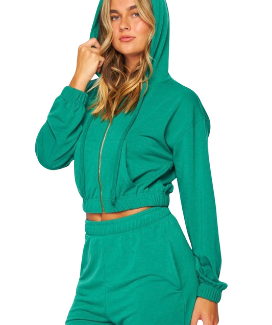 Teal Green French Terry Cropped Zip-Up Hoodie Jogger Set